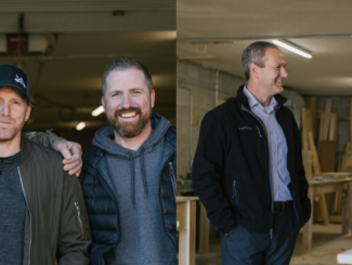 Left: Catapult Construction supervisor Wayne Batchelor with Phil Appleby and Jayme Hall, co-executive directors of Outflow. Right: Saint John Energy Vice-President Ryan Mitchell, left, with Outflow Co-Executive Director Jayme Hall.